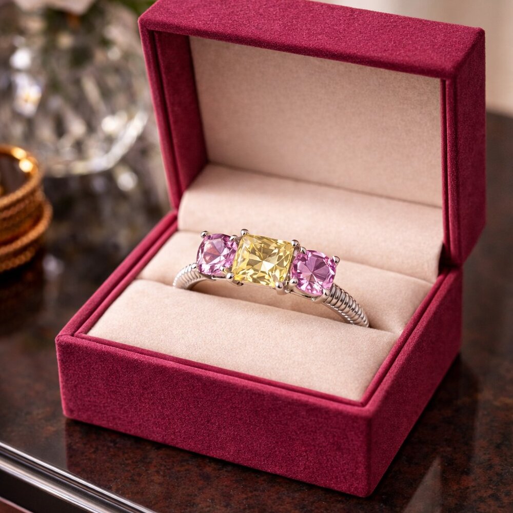 Gently Worn BEAUTIFUL Judith Ripka 3-Stone Ring-925 with Pink and Yellow Stones